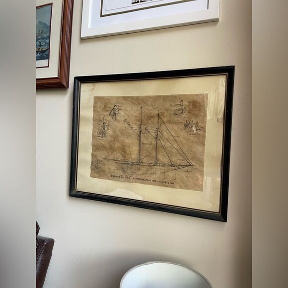 Vintage Antique Framed Blueprint Schooner Elsie Out of Gloucester, Mass. 1910 - Picture 1 of 16